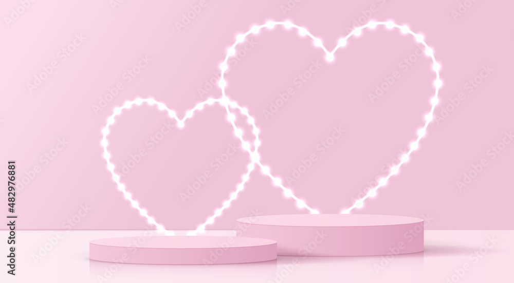 Happy valentines day and stage podium decorated with heart shape lighting. pedestal scene with for product, cosmetic, advertising, show, award ceremony, on pink background. vector design