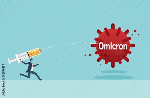 Defensive and fight to win Omicron virus, new COVID-19 variant and survive by vaccine treatment or medicine discovery to save people. vector cartoon design photo