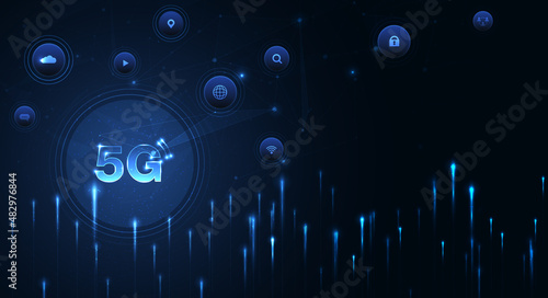 Hand pointing 5G network wireless systems and internet of things with man touching with wireless high-speed Internet communication network background