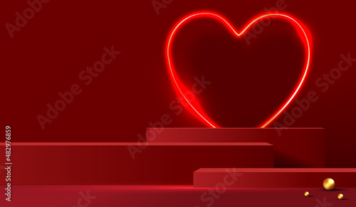 Happy valentines day and stage podium decorated with heart shape lighting. pedestal scene with for product, cosmetic, advertising, show, award ceremony, on red background. vector design