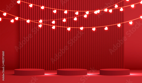 Happy valentines day and stage podium decorated with heart shape lighting. pedestal scene with for product, cosmetic, advertising, show, award ceremony, on red background. vector design