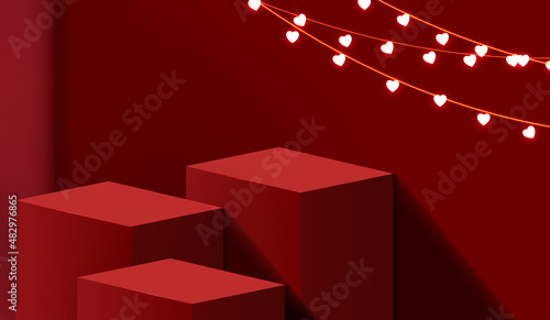 Happy valentines day and stage podium decorated with heart shape lighting. pedestal scene with for product, cosmetic, advertising, show, award ceremony, on red background. vector design