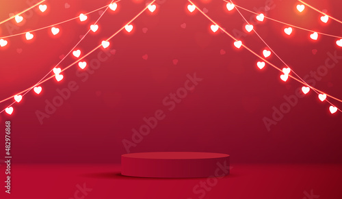 Happy valentines day and stage podium decorated with heart shape lighting. pedestal scene with for product, cosmetic, advertising, show, award ceremony, on red background. vector design