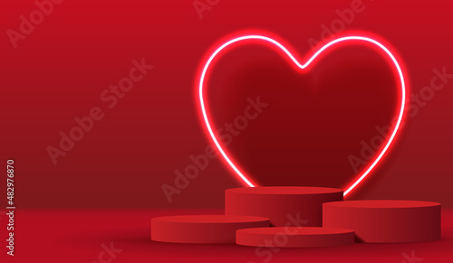 Happy valentines day and stage podium decorated with heart shape lighting. pedestal scene with for product, cosmetic, advertising, show, award ceremony, on red background. vector design