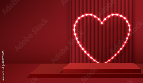 Happy valentines day and stage podium decorated with heart shape lighting. pedestal scene with for product, cosmetic, advertising, show, award ceremony, on pink background. vector design