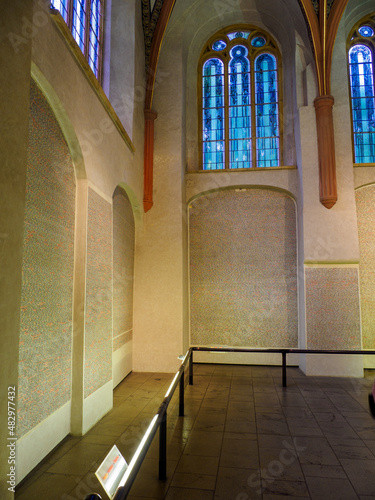 Interior of Pinkas Synagogue in Prague, showing names of Holocaust victims