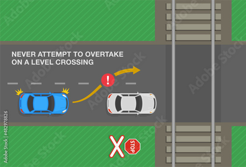 Safety car driving rules. Never attempt to overtake on a level crossing. Level crossing without barriers. Top view of city road. Flat vector illustration template.