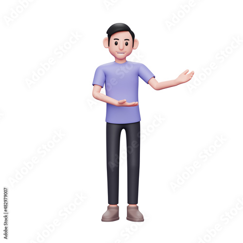 3D character illustration Happy casual man showing hand to copy space with both hands, presenting or introducing something. Advertisement or product presenting concept