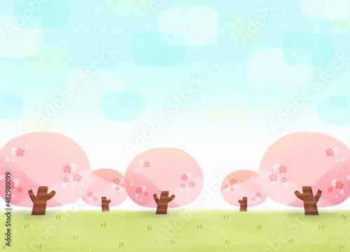 Spring landscape illustration with cherry blossom trees and blue sky. Picture book style background.