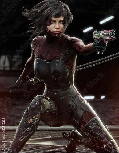 A sci fi hunter beginning to engage her targets . 3d rendering