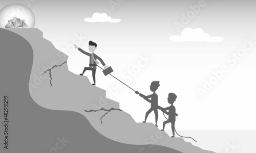 A businessman is climbing for a pile of diamonds but is held back by a rope held by a competitor. Business competition. Hard effort