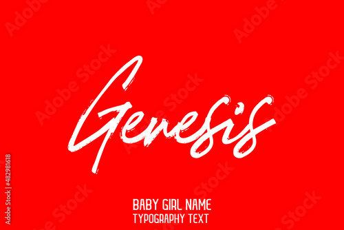 Genesis. Girl Name in Stylish Cursive Brush Typography Text on Red Background
