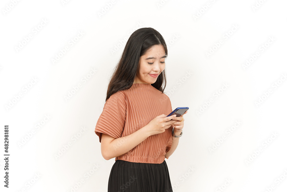 Holding and Using Smartphone Of Beautiful Asian Woman Isolated On White Background Holding and Using Smartphone Of Beautiful Asian Woman Isolated On White Background