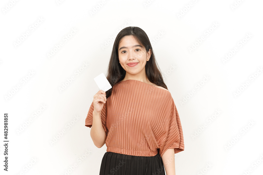 Showing Blank Credit or Bank Card Of Beautiful Asian Woman Isolated On White Background Showing Blank Credit or Bank Card Of Beautiful Asian Woman Isolated On White Background