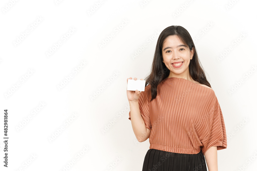Showing Blank Credit or Bank Card Of Beautiful Asian Woman Isolated On White Background Showing Blank Credit or Bank Card Of Beautiful Asian Woman Isolated On White Background