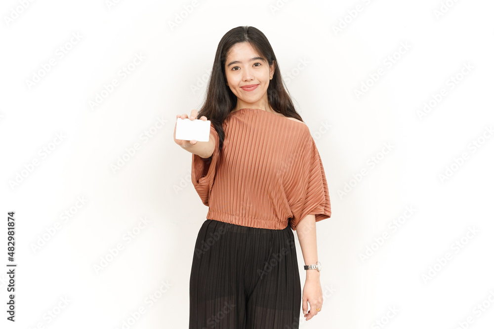 Showing Blank Credit or Bank Card Of Beautiful Asian Woman Isolated On White Background Showing Blank Credit or Bank Card Of Beautiful Asian Woman Isolated On White Background