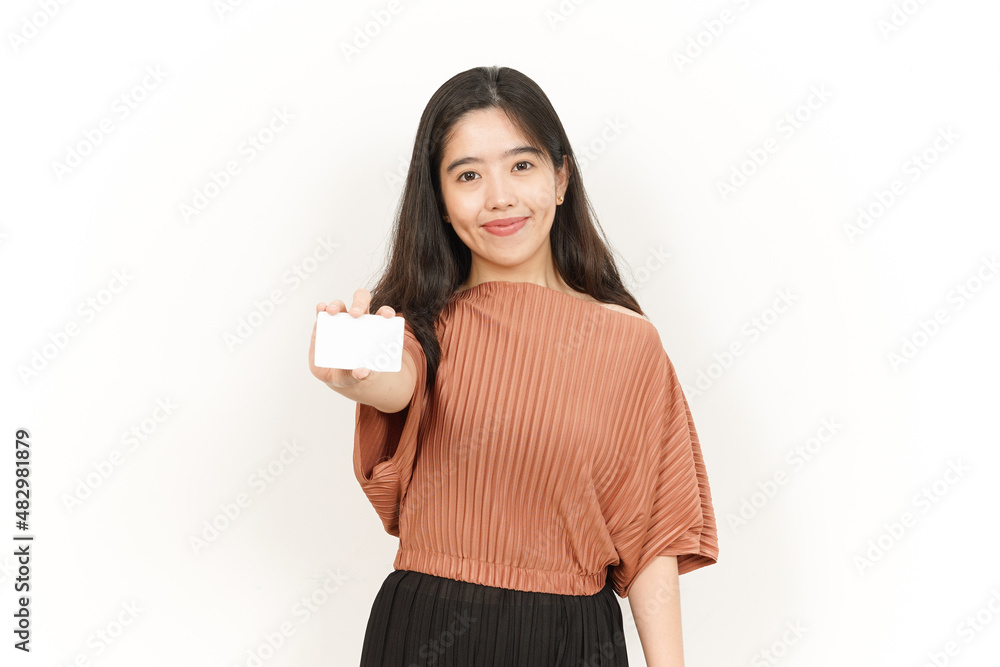 Showing Blank Credit or Bank Card Of Beautiful Asian Woman Isolated On White Background Showing Blank Credit or Bank Card Of Beautiful Asian Woman Isolated On White Background