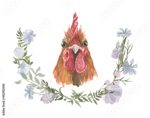 Watercolor illustration of a rooster in a bouquet of wild flowers