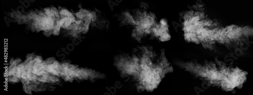 Фотография A set of six different types of swirling, wriggling smoke, vapor isolated on a b