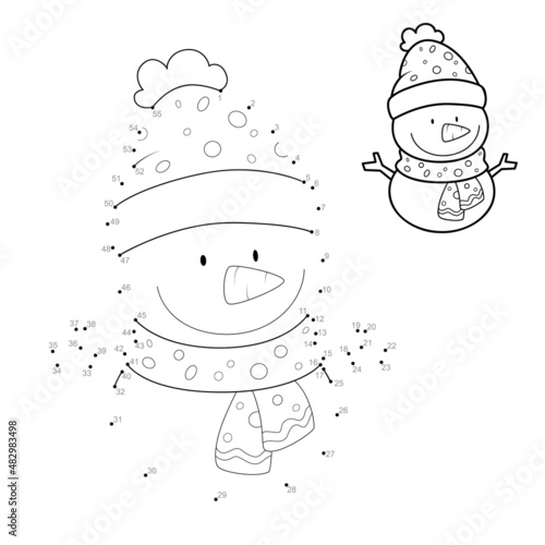 Dot to dot Christmas puzzle for children. Connect dots game. Christmas snowman illustration