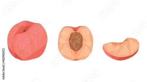 pink peach isolated on white background. a whole peach, a half and a slice of a peach. fruit. geometric style. flat vector.
