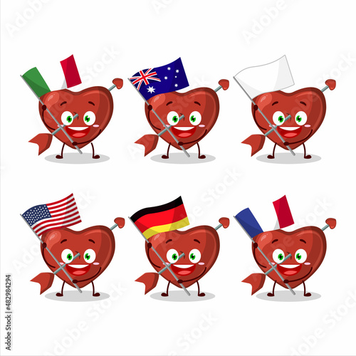 Cupid love arrow cartoon character bring the flags of various countries