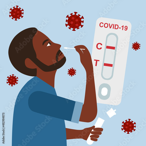 African man using COVID-19 antigen rapid test kit for checking Coronavirus concept vector illustration.