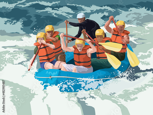 Group of People on Rafting Adventure in illustration graphic vector