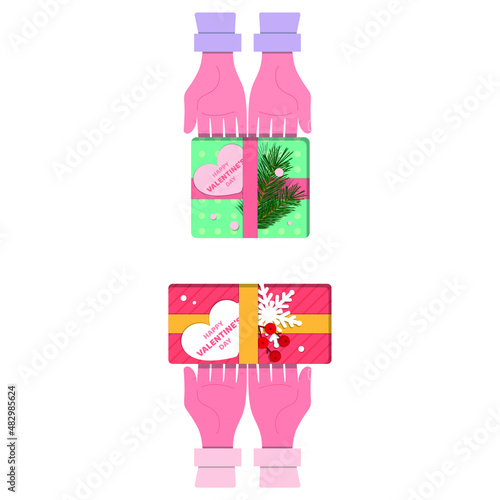 Hands hold gifts and cards for valentine's day in the palms. Vector illustration, flat cartoon colored minimal design, isolated on white background, eps 10.