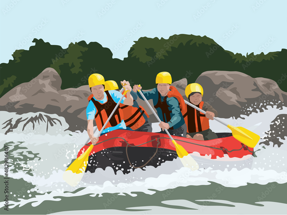 Rafting Team Adventure in the River illustration graphic vector - obrazy, fototapety, plakaty 
