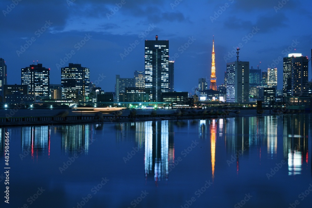 東京タワーの光が反射する運河
