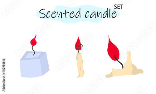 A set of scented candles with a burning fire. Candles for interior, lighting and romantic dates. Aromatherapy. Vector illustration in color design on a white background.