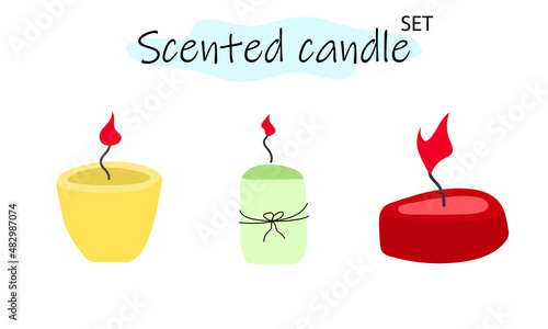 A set of scented candles with a burning fire. Candles for interior, lighting and romantic dates. Aromatherapy. Vector illustration in color design on a white background.