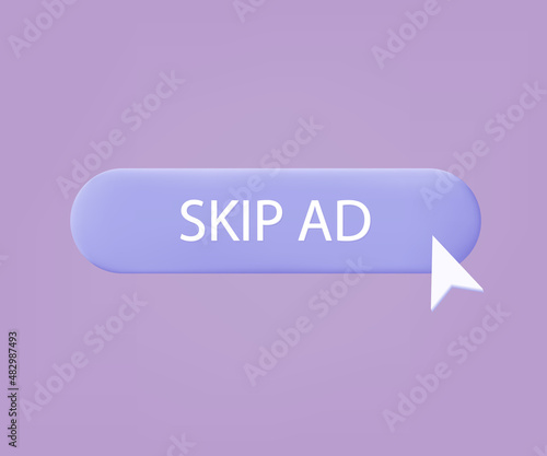 3d button skip ads with cursor. Apply to stop, continue prohibited. Icon refusal to join. Do not show ads, skip. Isolated button on white. Click, go to another tab. Digital element, transition. Vector