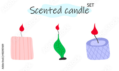 A set of scented candles with a burning fire. Candles for interior, lighting and romantic dates. Aromatherapy. Vector illustration in color design on a white background.
