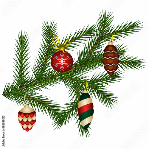 Fir branch  decorated with cones and various toys. Vector illustration