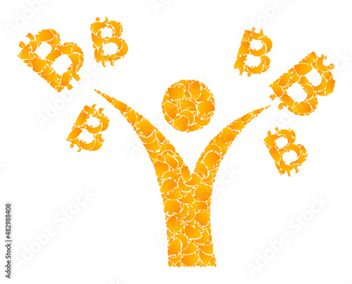 Vector gold bitcoin man mosaic icon. Bitcoin man is isolated on a white background. Gold items mosaic based on bitcoin man icon. Mosaic bitcoin man iconic image is composed of yellow items.