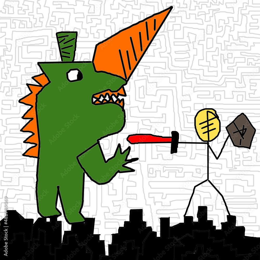 Fototapeta premium Hero fighting dinosaur davil with maze background