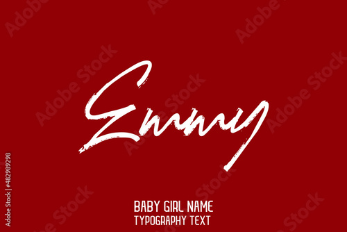 Emmy Baby Girl Name in Stylish Cursive Brush Typography Text on Red Background
