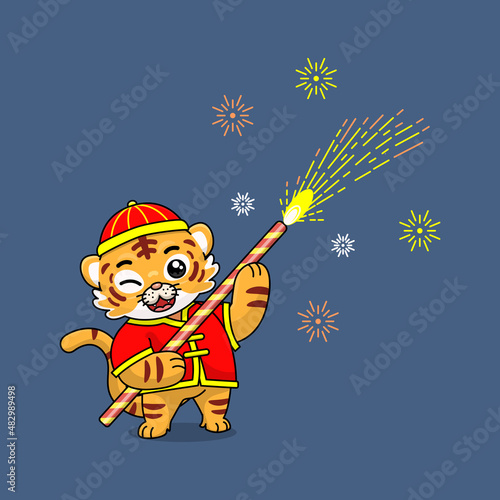 celebrating Chinese New Year, Chinese New Year, illustration of a tiger cub wearing a cheongsam dress, a cartoon with kawaii and chibi style, a tiger cub playing with fountain fireworks. sparkle light