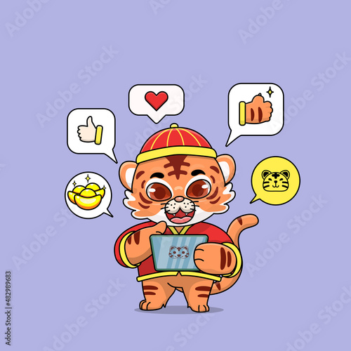 celebrating chinese new year, chinese new year, illustration of tiger cub wearing cheongsam dress, cartoon with kawaii and chibi style, tiger cub playing social media on tablet, getting like and love