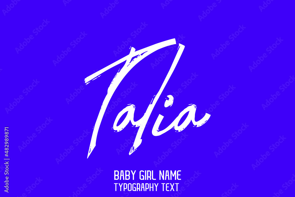 Talia Girl Baby Name in Stylish Cursive Calligraphy Lettering Sign on Blue Background - obrazy, fototapety, plakaty 