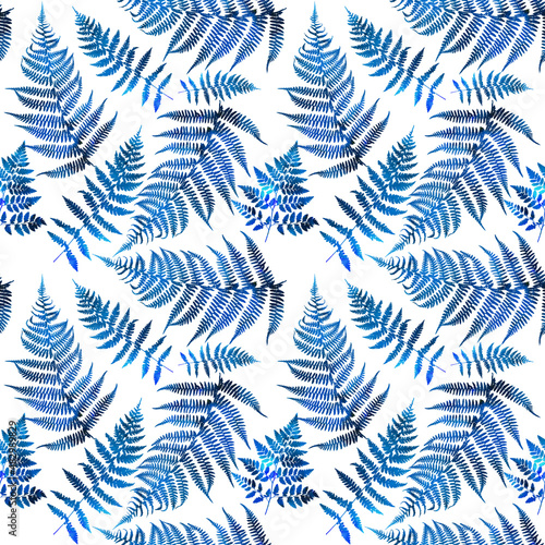 Seamless pattern with leaves. Watercolor illustration of a seamless fern pattern. Decorative background of leaves and branches of a shrub of a polypodiophyte plant.