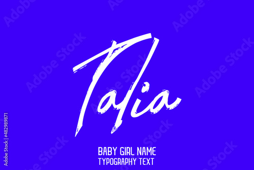 Talia Girl Baby Name in Stylish Cursive Calligraphy Lettering Sign on Blue Background