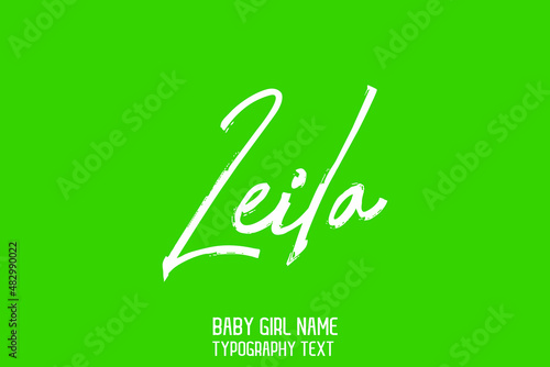 Leila Baby Girl Name in Stylish Cursive Brush Typography Text on Green Background photo