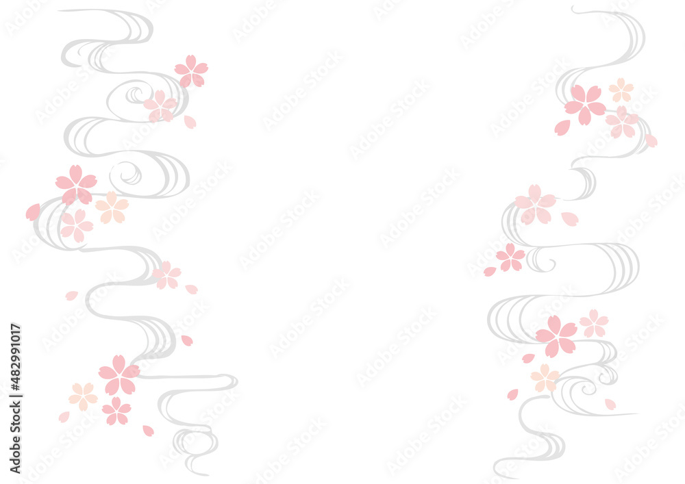 桜と手描きの銀色の流水模様、桜小さめ、背景白