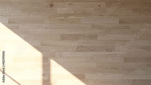 Sun light and shadow from window on laminate wood board parquet flooring or wall. 3D render for product display, home decoration and renovation background. 