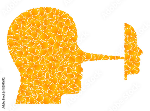 Vector gold liar mask mosaic icon. Liar mask is isolated on a white background. Gold items collage based on liar mask icon. Mosaic liar mask iconic image is formed from yellow items.