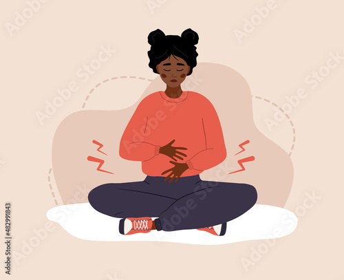 Menstrual pain. Sad african woman with abdominal cramps or pms symptoms. Female critical day problems. Vector illustration in flat cartoon style.