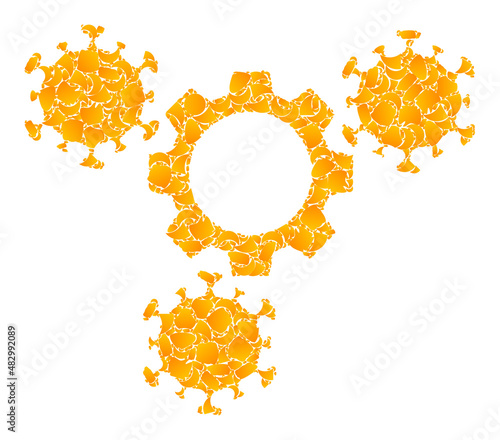 Vector gold virus gears mosaic icon. Virus gears is isolated on a white background. Gold particles mosaic based on virus gears icon. Mosaic virus gears iconic image is created from yellow items.